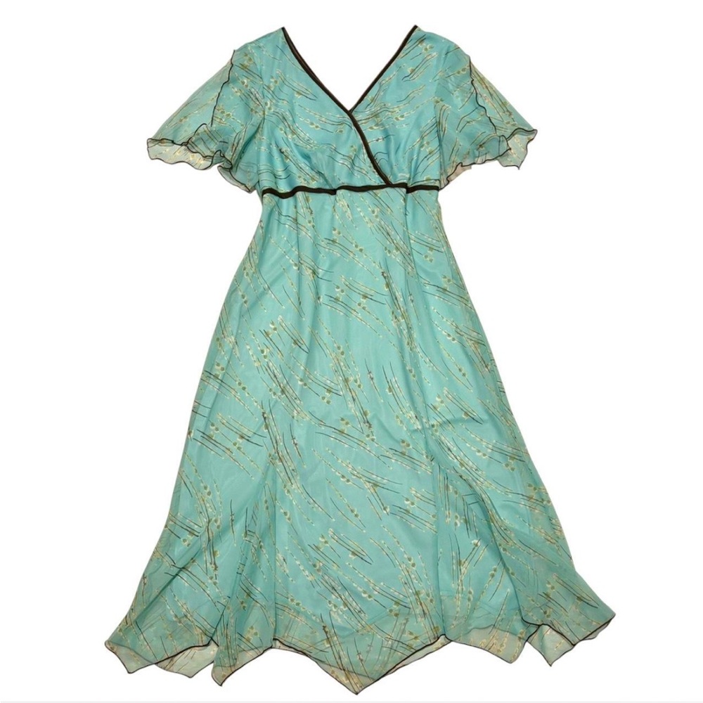 Turquoise floral 90s flutter sleeve fairy midi dress